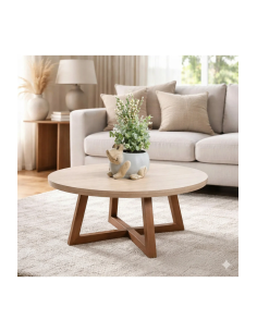 Modern Orta Sehpa,Traverten Yuvarlak Tabla, Ahşap Ayaklı Salon Sehpası