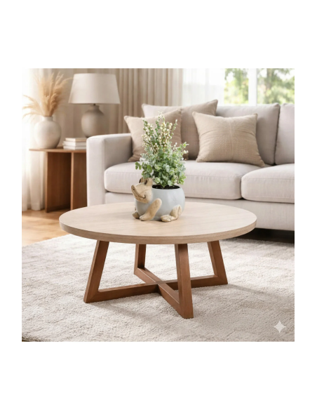 Modern Orta Sehpa,Traverten Yuvarlak Tabla, Ahşap Ayaklı Salon Sehpası