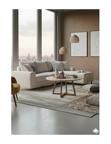 Modern Orta Sehpa,Traverten Yuvarlak Tabla, Ahşap Ayaklı Salon Sehpası