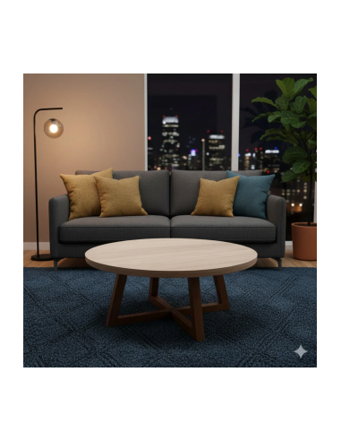 Modern Orta Sehpa,Traverten Yuvarlak Tabla, Ahşap Ayaklı Salon Sehpası