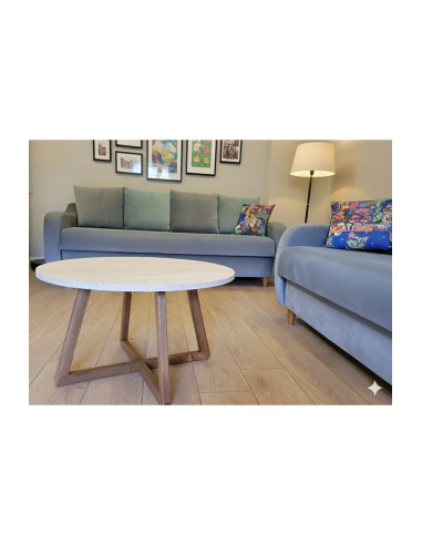 Modern Orta Sehpa,Traverten Yuvarlak Tabla, Ahşap Ayaklı Salon Sehpası