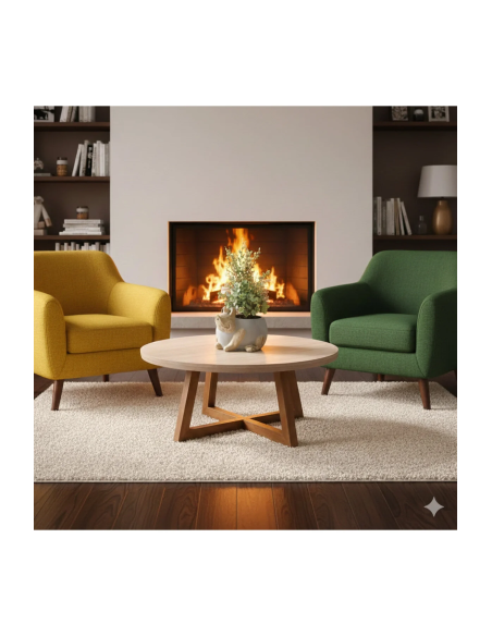 Modern Orta Sehpa,Traverten Yuvarlak Tabla, Ahşap Ayaklı Salon Sehpası