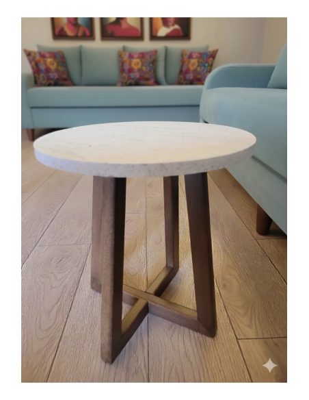 Salon & Oturma Odası İçin 40 cm Traverten MDF Tabla Gürgen Ayaklı Yan Sehpa