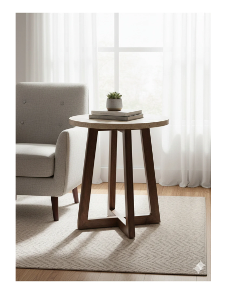 Salon & Oturma Odası İçin 40 cm Traverten MDF Tabla Gürgen Ayaklı Yan Sehpa