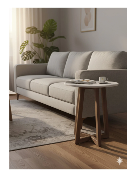 Salon & Oturma Odası İçin 40 cm Beyaz MDF Tabla Gürgen Ayaklı Yan Sehpa