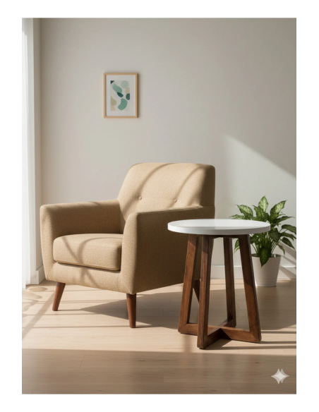 Salon & Oturma Odası İçin 40 cm Beyaz MDF Tabla Gürgen Ayaklı Yan Sehpa