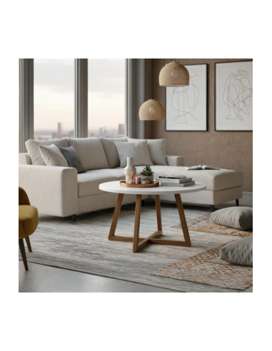 Modern Orta Sehpa,Beyaz Yuvarlak Tabla, Ahşap Ayaklı Salon Sehpası