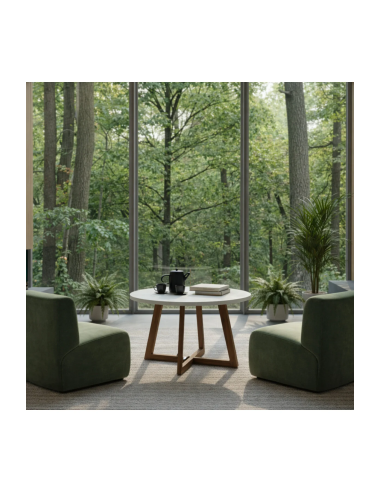 Modern Orta Sehpa,Beyaz Yuvarlak Tabla, Ahşap Ayaklı Salon Sehpası