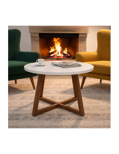 Modern Orta Sehpa,Beyaz Yuvarlak Tabla, Ahşap Ayaklı Salon Sehpası