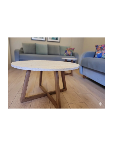 Orta Sehpa + Yan Sehpa 2’li Set | Gürgen Ayaklı, Traverten MDF Tabla