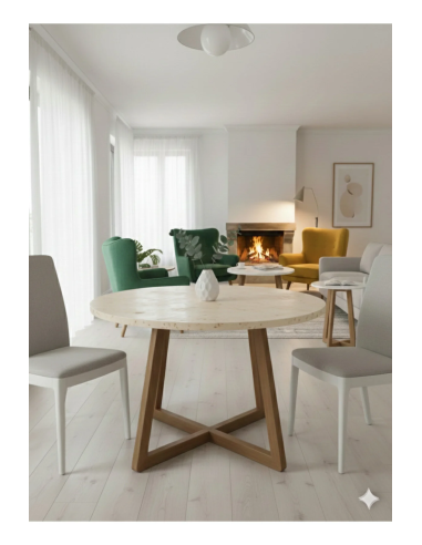 Modern Beyaz Orta Sehpa + Yan Sehpa + Masa Takımı | Gürgen Ayaklı, MDF / Traverten Üst Tabla